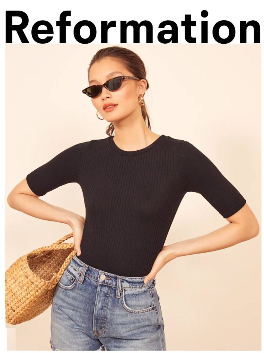 Reformation Janine Ribbed Knit Crewneck Top Black Stretch Size XL